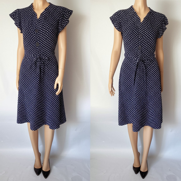 NWOT Monteau Navy Polka Dot Button Front Flutter Sleeve Belted Dress MEDIUM - Picture 1 of 7